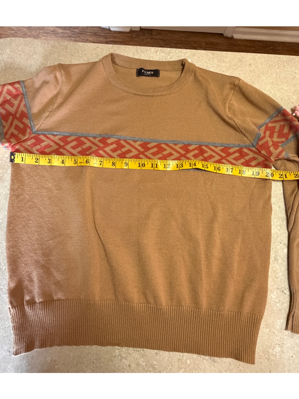 Fendi Tan light Crewneck Sweater with Red Geometric Stripe - Picture 6 of 9